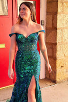 Load image into Gallery viewer, Sparkly Golden Off The Shoulder Mermaid Long Corset Prom Dress with Slit