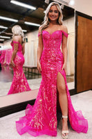 Load image into Gallery viewer, Women Sparkly Fuchsia Corset Long Prom Dress with Slit Mermaid Off The Shoulder Party Dress with Sequins
