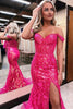 Load image into Gallery viewer, Sparkly Mermaid Off The Shoulder Fuchsia Corset Prom Dress with Slit