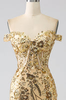 Load image into Gallery viewer, Sparkly Golden Off The Shoulder Mermaid Long Corset Prom Dress with Slit