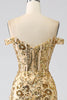 Load image into Gallery viewer, Sparkly Golden Off The Shoulder Mermaid Long Corset Prom Dress with Slit