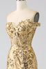 Load image into Gallery viewer, Sparkly Golden Off The Shoulder Mermaid Long Corset Prom Dress with Slit