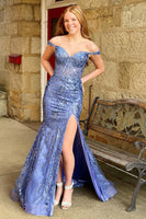 Load image into Gallery viewer, Sparkly Mermaid Off The Shoulder Dark Green Corset Prom Dress with Slit