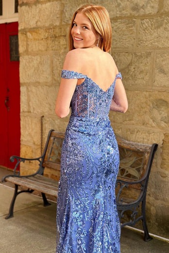 Sparkly Mermaid Off The Shoulder Fuchsia Corset Prom Dress with Slit