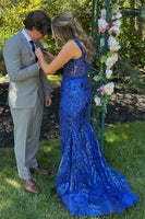 Load image into Gallery viewer, Golden Sparkly Mermaid Off The Shoulder Corset Prom Dress with Slit