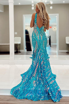 Sparkly Blue Mermaid Backless Long Prom Dress with Sequins