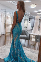 Load image into Gallery viewer, Sparkly Blue Mermaid Backless Long Prom Dress with Sequins
