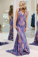 Load image into Gallery viewer, Sparkly Blue Mermaid Backless Long Prom Dress with Sequins