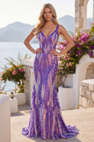 Load image into Gallery viewer, Dark Purple Mermaid V Neck Sequins Long Prom Dress