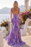 Load image into Gallery viewer, Dark Purple V Neck Mermaid Sequins Long Prom Dress