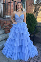 Load image into Gallery viewer, Blue Tulle Tiered Princess Corset Prom Dress with Appliques