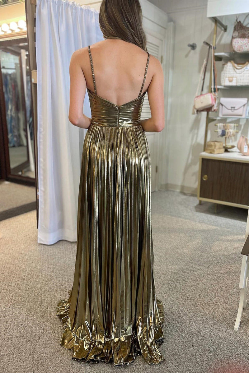 Load image into Gallery viewer, A-Line Spaghetti Straps Pleated Green Prom Dress with Slit