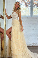 Load image into Gallery viewer, Glitter Beige Corset Tiered Long Tulle Prom Dress with Slit