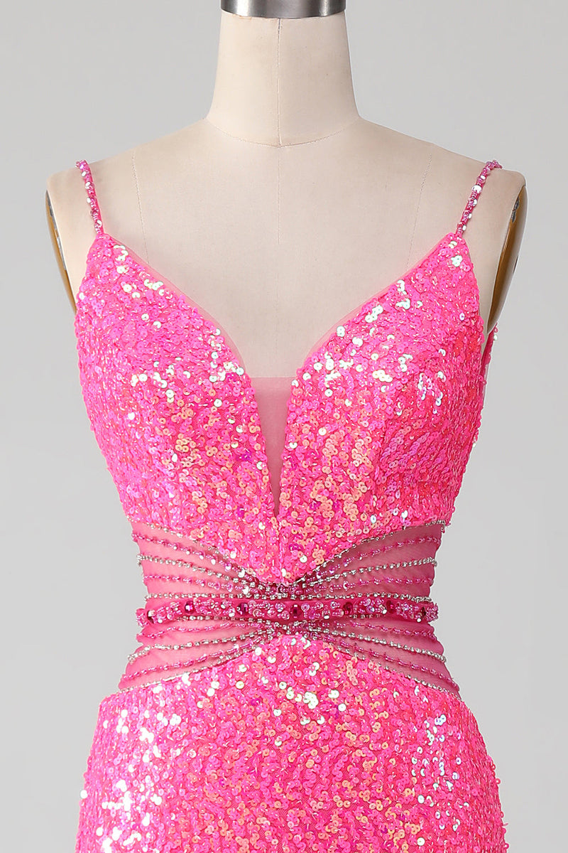 Load image into Gallery viewer, Fuchsia Spaghetti Straps Glitter Mermaid Prom Dress with Beading Waist