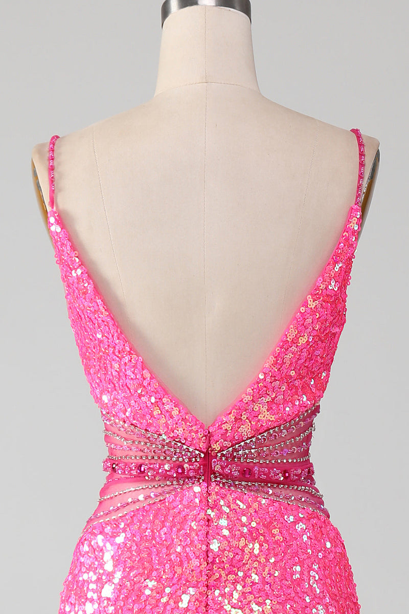 Load image into Gallery viewer, Fuchsia Spaghetti Straps Glitter Mermaid Prom Dress with Beading Waist