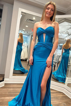 Sparkly Mermaid Dark Blue Corset Prom Dress with Slit
