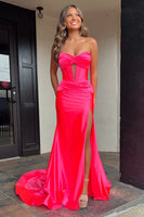 Load image into Gallery viewer, Sparkly Mermaid Hot Pink Corset Prom Dress with Slit