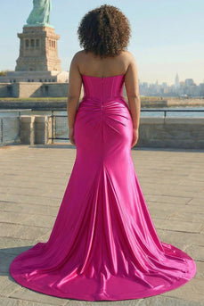 Sparkly Plus Size Mermaid Fuchsia Corset Prom Dress with Slit
