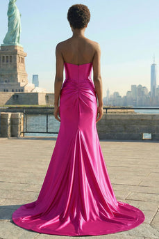 Sparkly Corset Mermaid Fuchsia Sweetheart Prom Dress with Slit