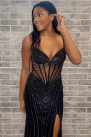 Load image into Gallery viewer, Mermaid Black Corset Prom Dress with Beading
