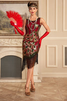 Load image into Gallery viewer, Sparkly Burgundy Sequins Fringed 1920s Great Gatsby Flapper Dress