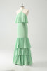 Load image into Gallery viewer, Green Chiffon Mermaid Halter Tiered Long Bridesmaid Dress