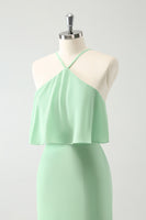 Load image into Gallery viewer, Green Chiffon Mermaid Halter Tiered Long Bridesmaid Dress