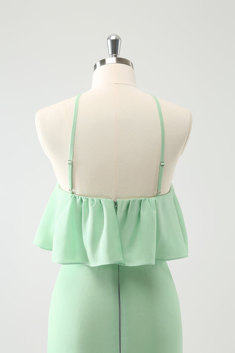 Load image into Gallery viewer, Green Chiffon Mermaid Halter Tiered Long Bridesmaid Dress