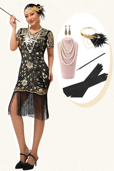 Sparkly Black Golden Sequins Flapper Dress with 20s Accessories Set