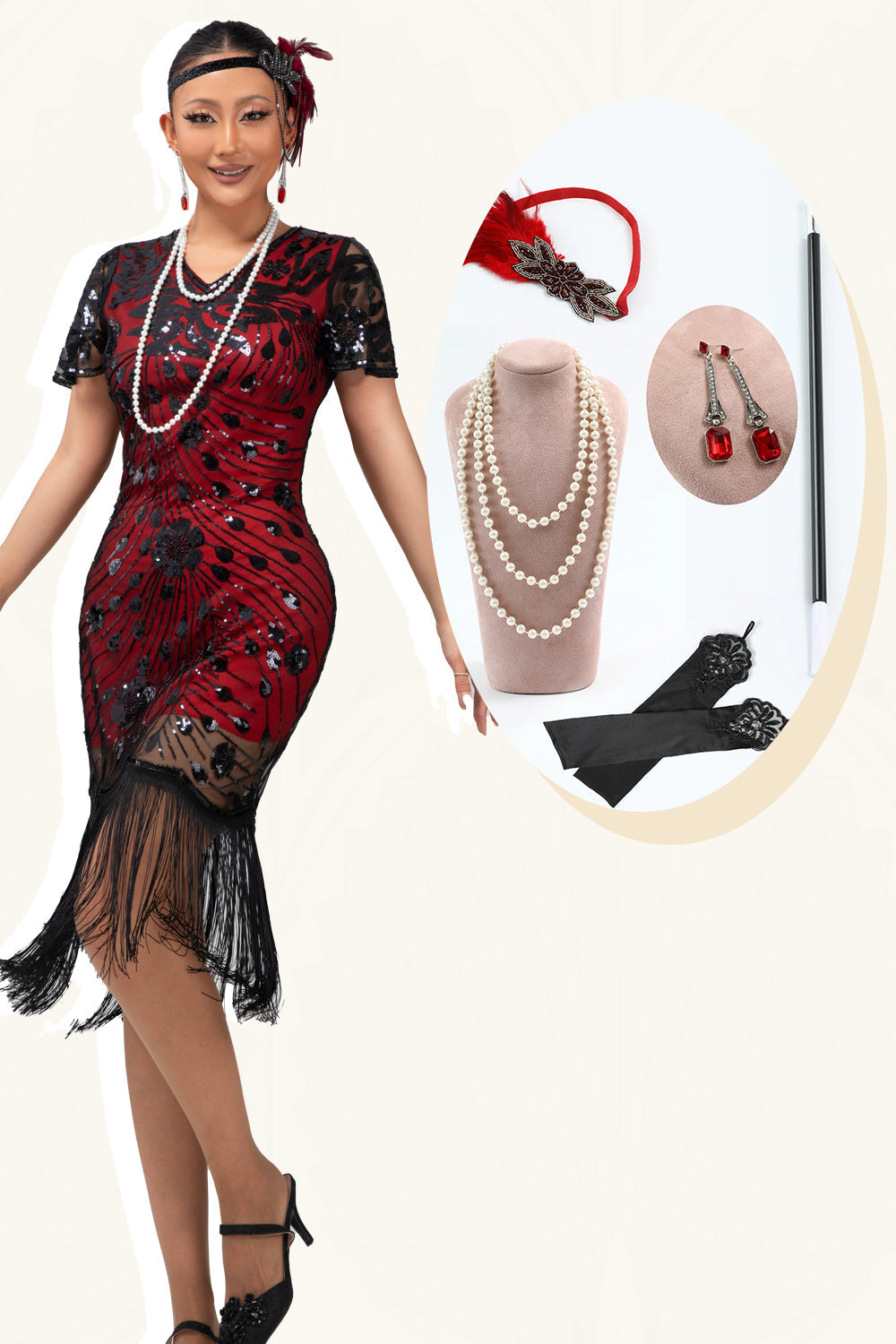Sparkly Black Red Bodycon Fringed Flapper Dress with 20s Accessories Set