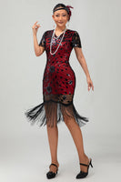 Load image into Gallery viewer, Sparkly Black Red Bodycon Fringed Flapper Dress with 20s Accessories Set