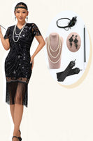 Load image into Gallery viewer, Sparkly Black Bodycon Short Sleeves Fringed Flapper Dress with 20s Accessories Set