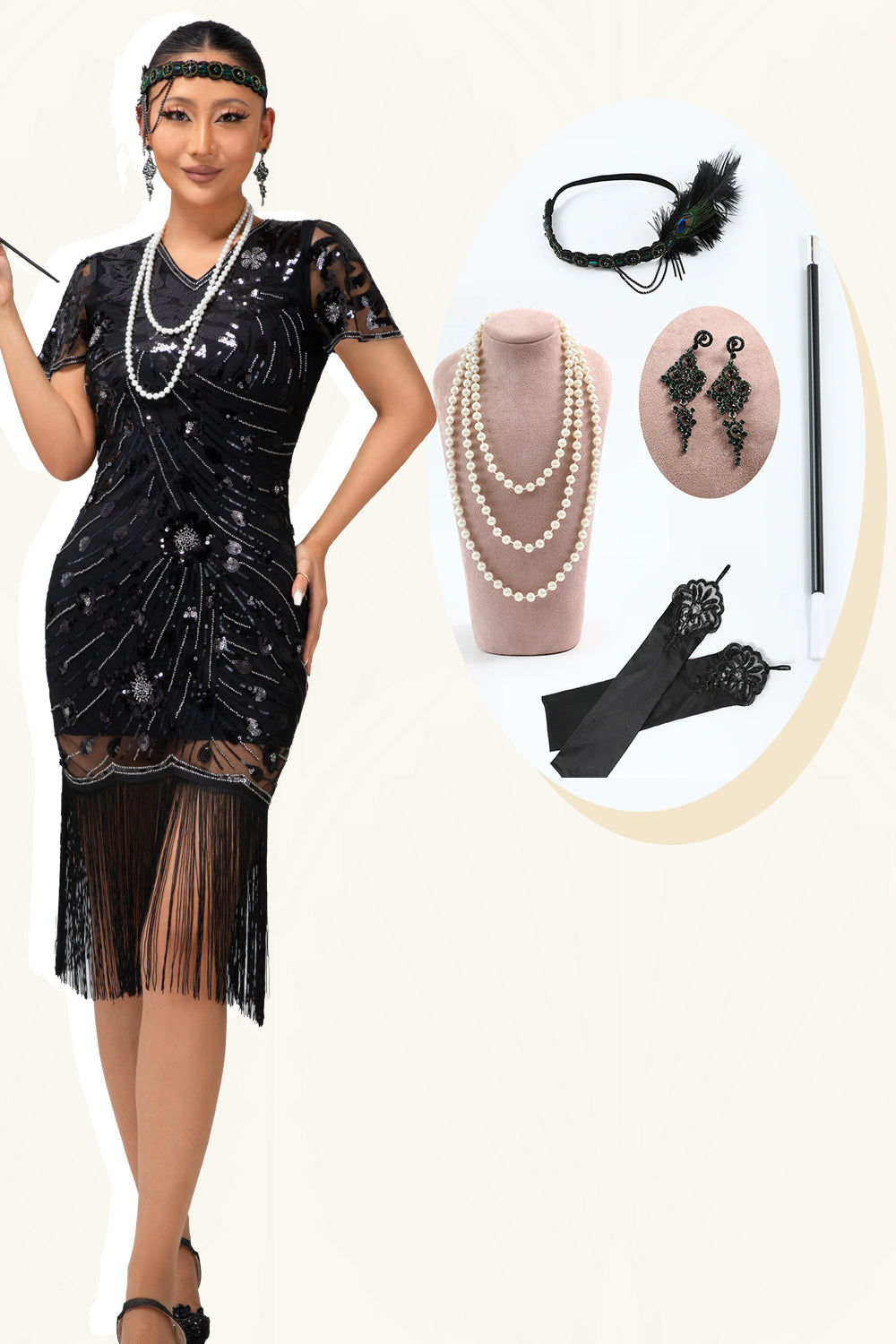 Sparkly Black Bodycon Short Sleeves Fringed Flapper Dress with 20s Accessories Set