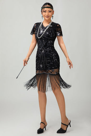 Sparkly Black Bodycon Short Sleeves Fringed Flapper Dress with 20s Accessories Set