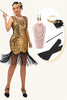 Load image into Gallery viewer, Sparkly Black Golden Sequins Fringed Flapper Dress with 20s Accessories Set