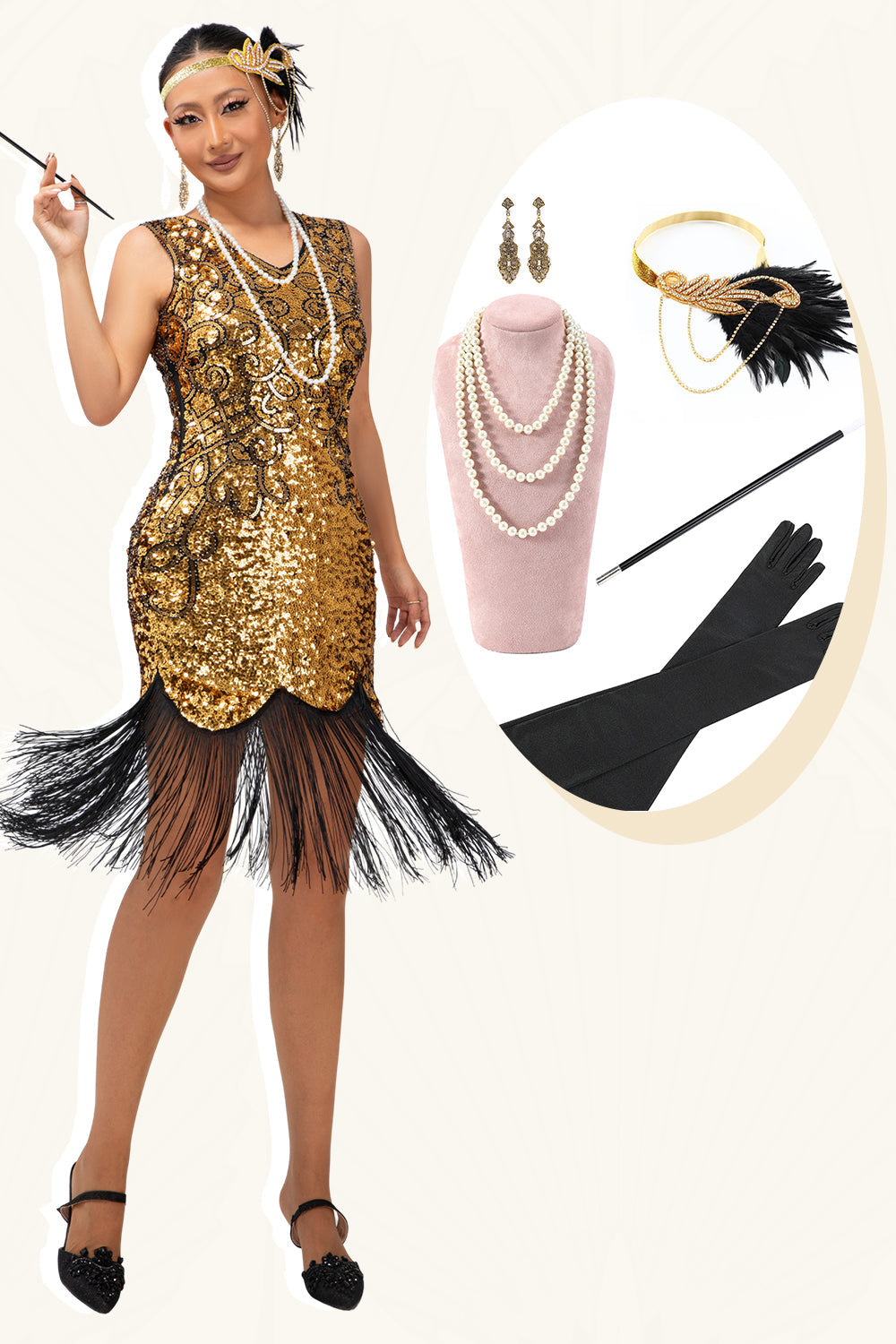 Sparkly Black Golden Sequins Fringed Flapper Dress with 20s Accessories Set