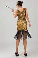 Load image into Gallery viewer, Sparkly Black Golden Sequins Fringed Flapper Dress with 20s Accessories Set