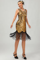 Load image into Gallery viewer, Sparkly Black Golden Sequins Fringed Flapper Dress with 20s Accessories Set