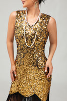 Load image into Gallery viewer, Sparkly Black Golden Sequins Fringed Flapper Dress with 20s Accessories Set