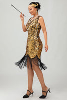 Load image into Gallery viewer, Sparkly Black Golden Sequins Fringed Flapper Dress with 20s Accessories Set