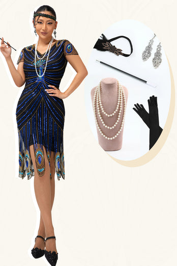 Sparkly Black Blue Short Sleeves Bodycon Flapper Dress with 20s Accessories Set