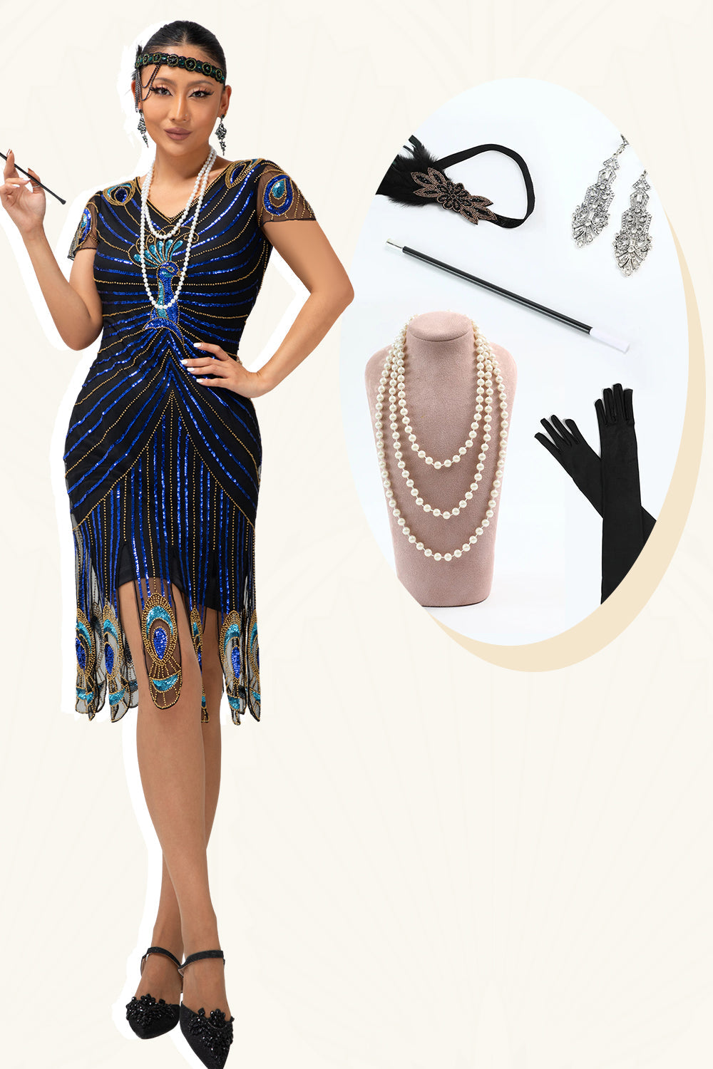 Sparkly Black Blue Short Sleeves Bodycon Flapper Dress with 20s Accessories Set