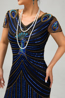 Load image into Gallery viewer, Sparkly Black Blue Short Sleeves Bodycon Flapper Dress with 20s Accessories Set