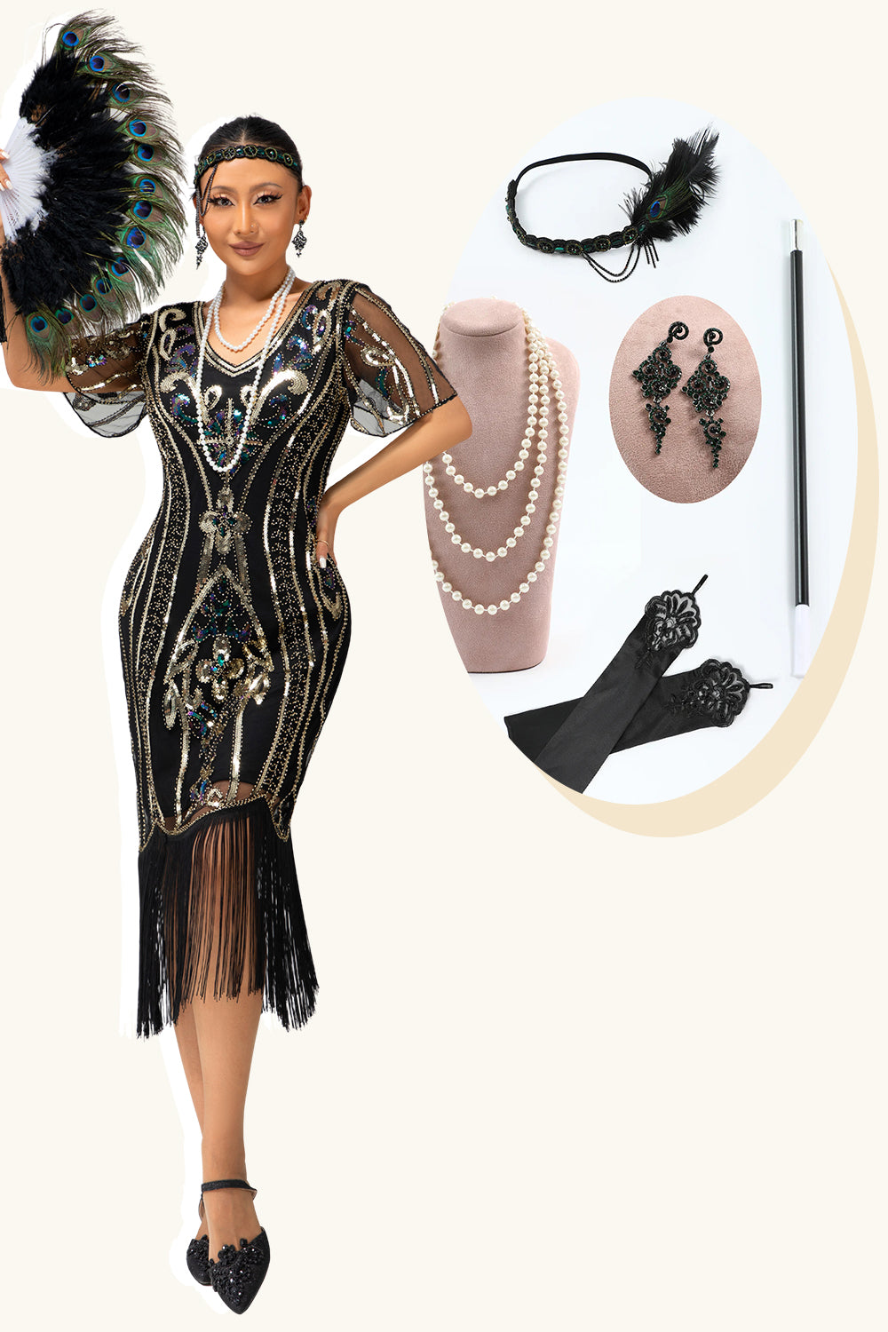 Sparkly Black Golden Sequins Bodycon Short Sleeves Flapper Dress with Fringes