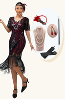 Load image into Gallery viewer, Sparkly Burgundy Short Sleeves Sequins Flapper Dress with Fringes
