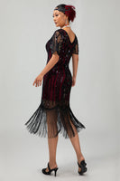 Load image into Gallery viewer, Sparkly Burgundy Short Sleeves Sequins Flapper Dress with Fringes