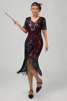 Load image into Gallery viewer, Sparkly Burgundy Short Sleeves Sequins Flapper Dress with Fringes