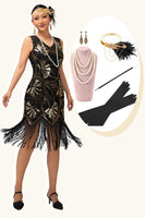 Load image into Gallery viewer, Sparkly Black Golden Sequins Short Fringed Flapper Dress with 20s Accessories Set