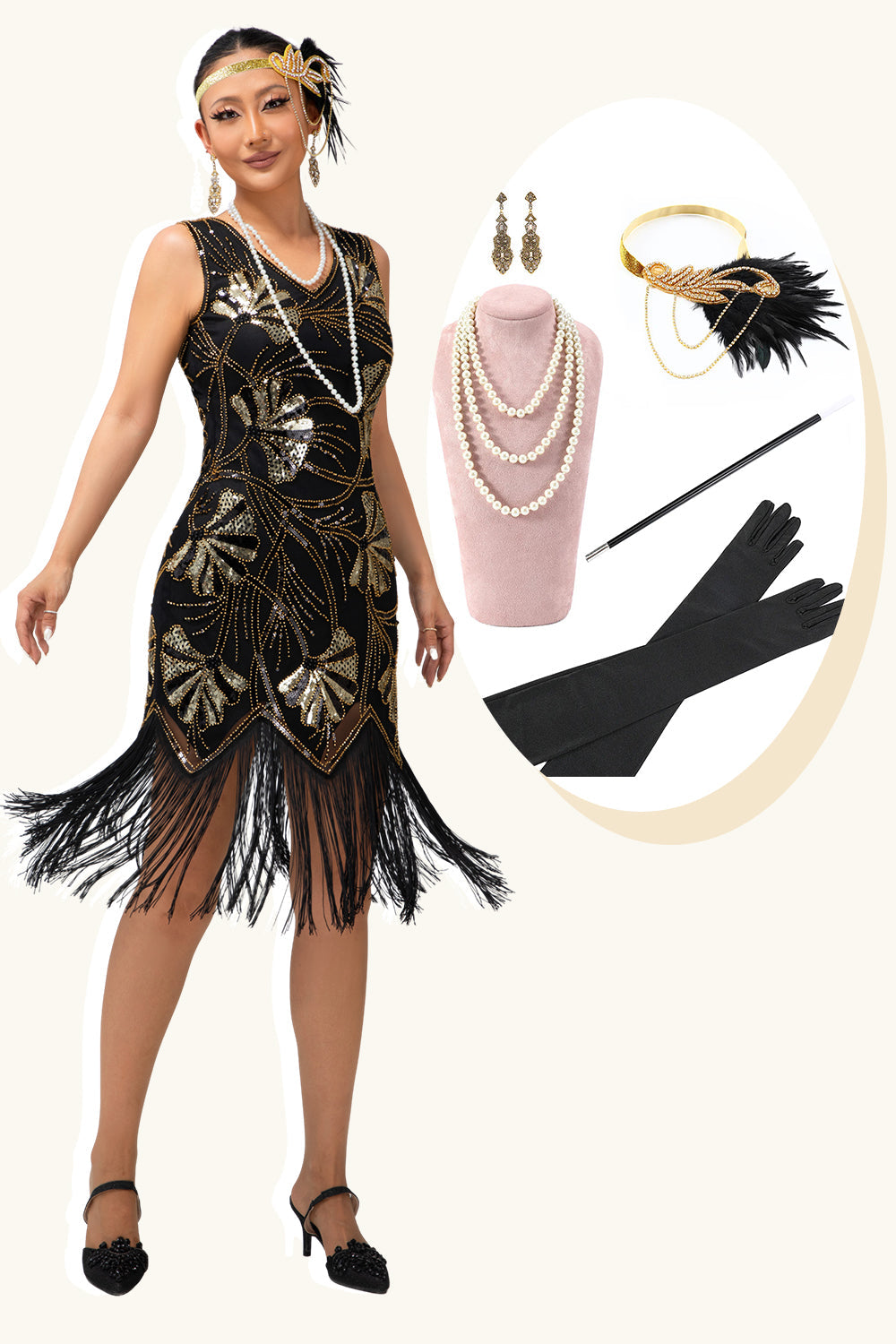 Sparkly Black Golden Sequins Short Fringed Flapper Dress with 20s Accessories Set