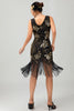 Load image into Gallery viewer, Sparkly Black Golden Sequins Short Fringed Flapper Dress with 20s Accessories Set